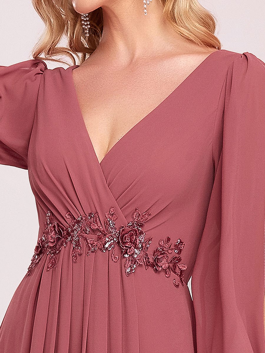 Waist Sequin Applique Chiffon Hollow Long Sleeve Evening Dress #color_Cameo Brown