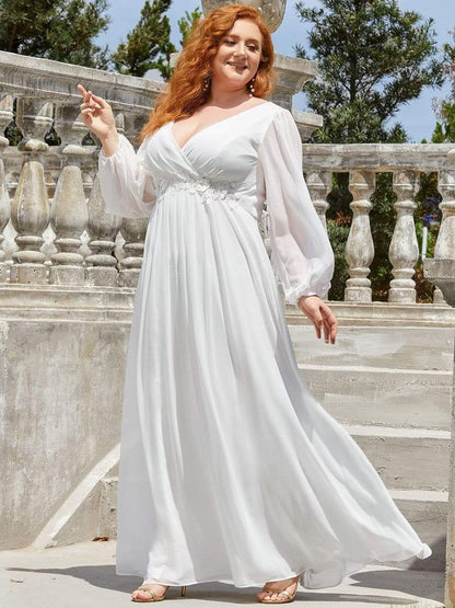 Stylish Plus Size Chiffon Formal Evening Dresses with Long Lantern Sleeves #color_Cream