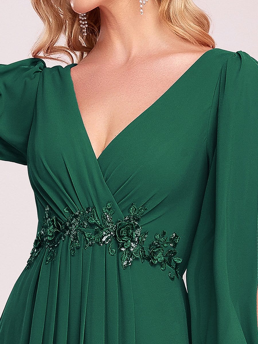 Elegant Chiffon V-Neckline Long Sleeve Formal Evening Dress #color_Dark Green