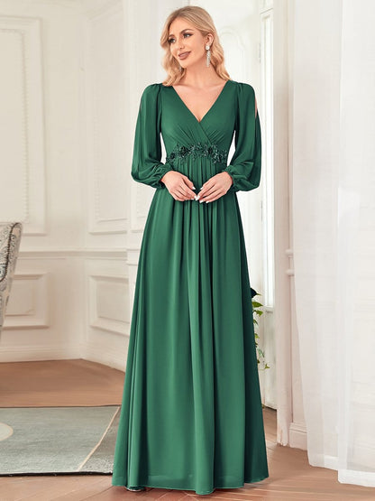 Elegant Chiffon V-Neckline Long Sleeve Formal Evening Dress #color_Dark Green