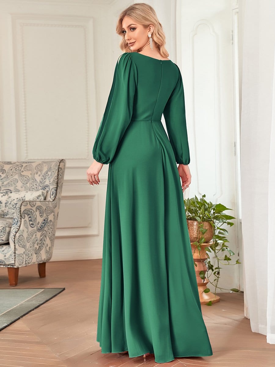 Elegant Chiffon V-Neckline Long Sleeve Formal Evening Dress #color_Dark Green