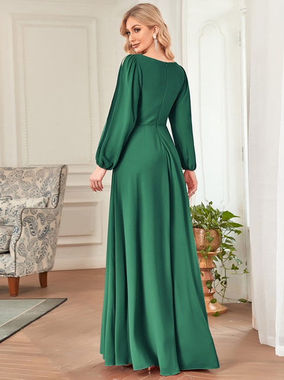 Elegant Chiffon V-Neckline Long Sleeve Formal Evening Dress #color_Dark Green