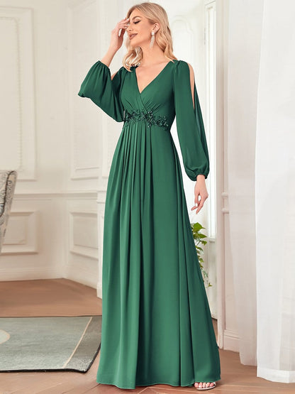 Elegant Chiffon V-Neckline Long Sleeve Formal Evening Dress #color_Dark Green