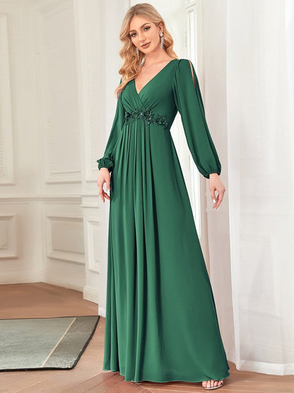 Elegant Chiffon V-Neckline Long Sleeve Formal Evening Dress #color_Dark Green