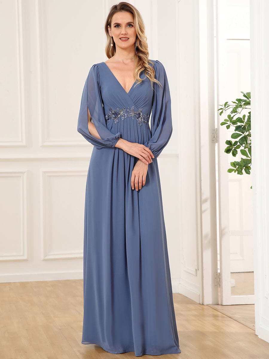 Elegant Chiffon V-Neckline Long Sleeve Formal Evening Dress #color_Dusty Navy