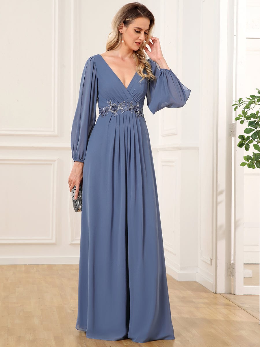 Elegant Chiffon V-Neckline Long Sleeve Formal Evening Dress #color_Dusty Navy