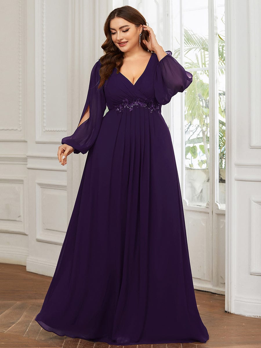 Stylish Plus Size Chiffon Formal Evening Dresses with Long Lantern Sleeves #color_Dark Purple