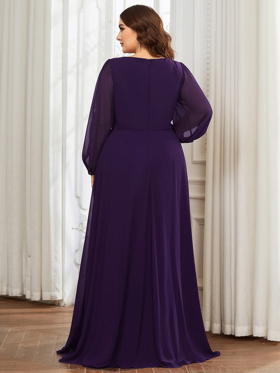 Waist Sequin Applique Chiffon Hollow Long Sleeve Evening Dress #color_Dark Purple