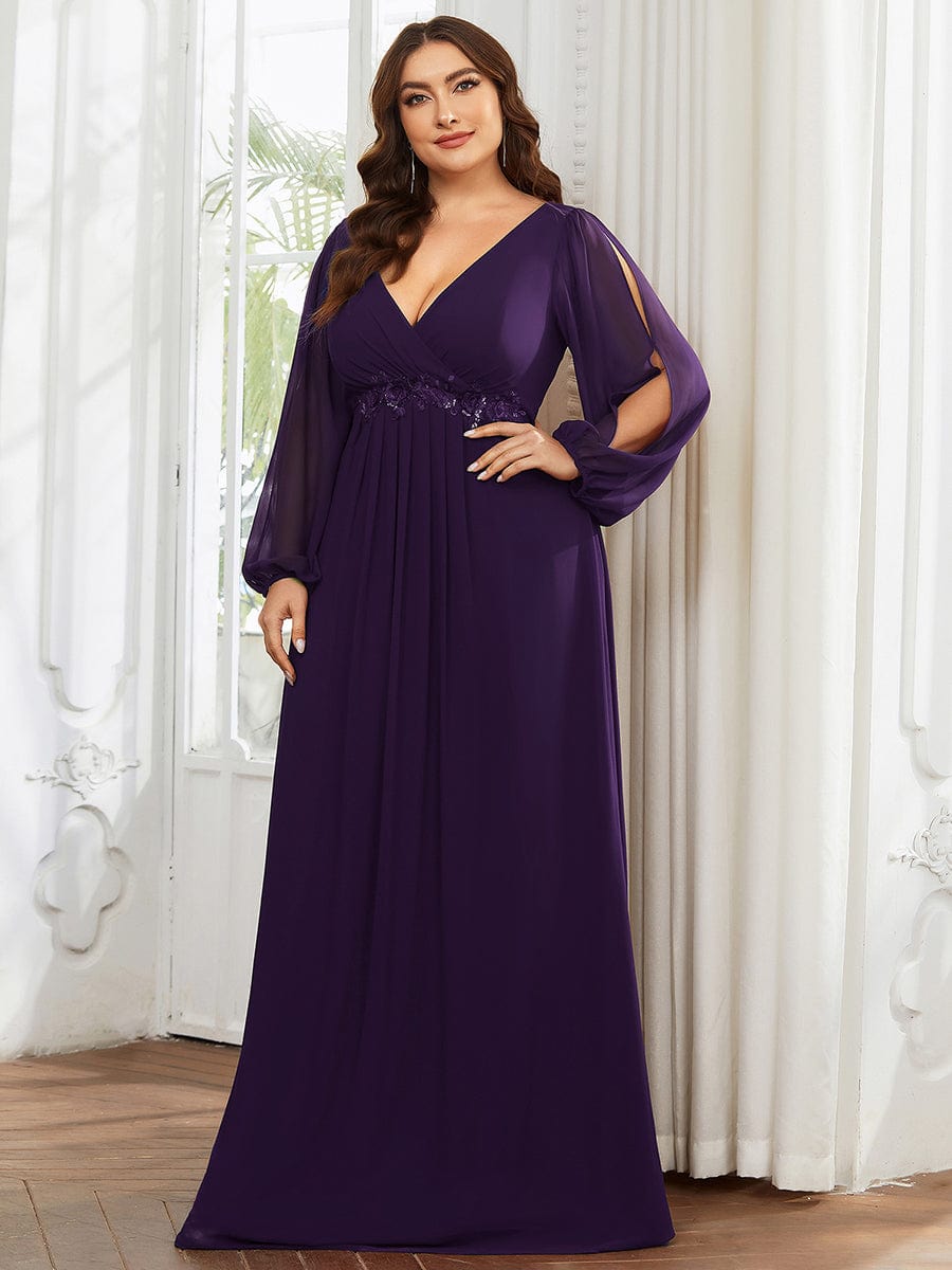 Waist Sequin Applique Chiffon Hollow Long Sleeve Evening Dress #color_Dark Purple