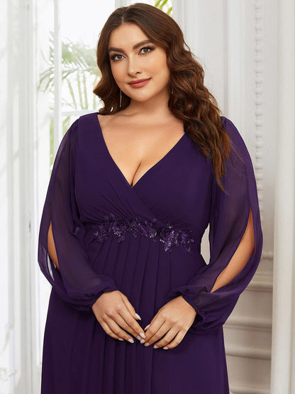 Stylish Plus Size Chiffon Formal Evening Dresses with Long Lantern Sleeves #color_Dark Purple