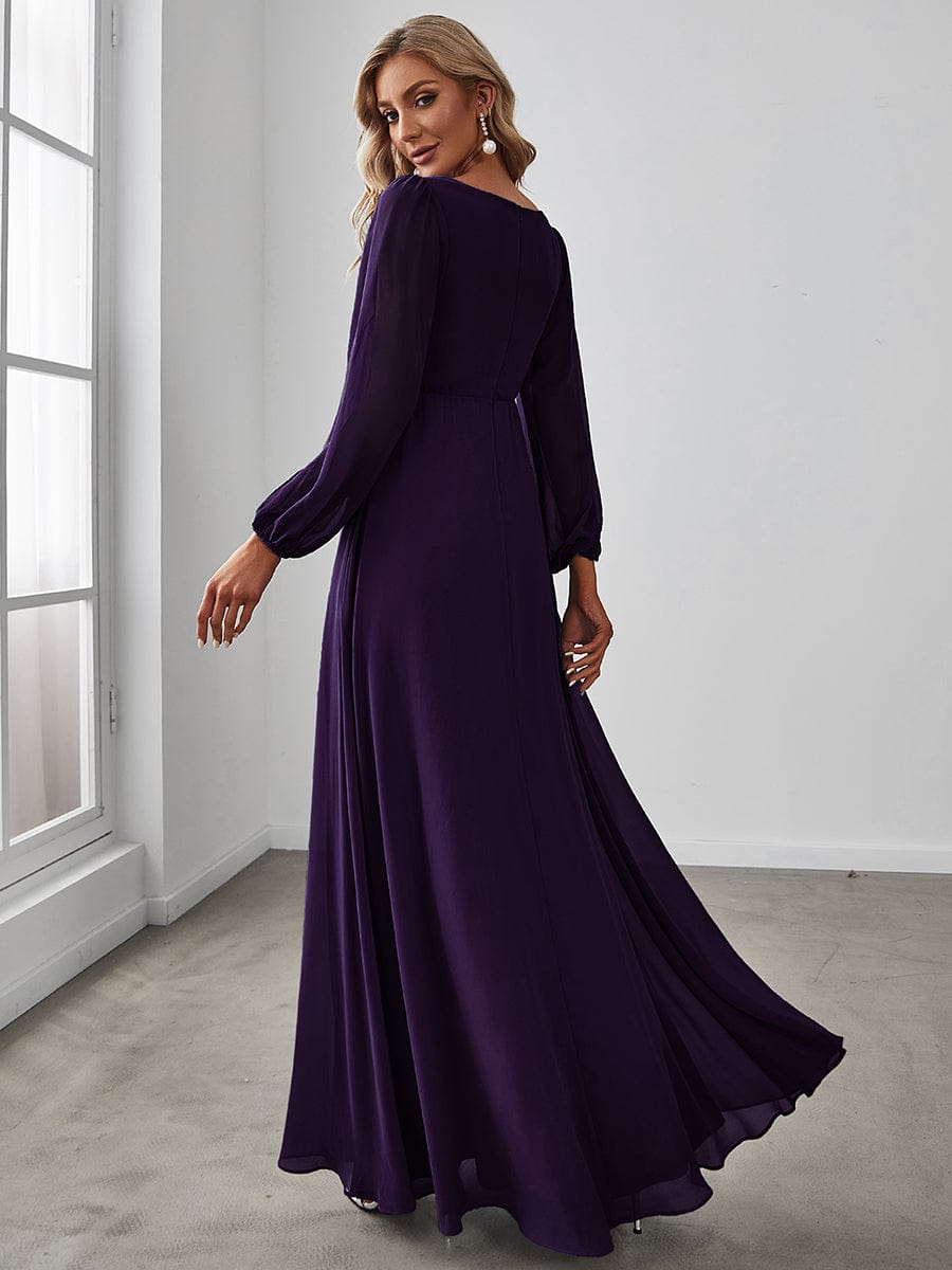 Waist Sequin Applique Chiffon Hollow Long Sleeve Evening Dress #color_Dark Purple