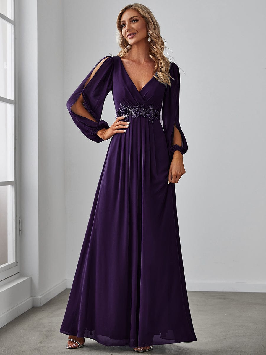 Waist Sequin Applique Chiffon Hollow Long Sleeve Evening Dress