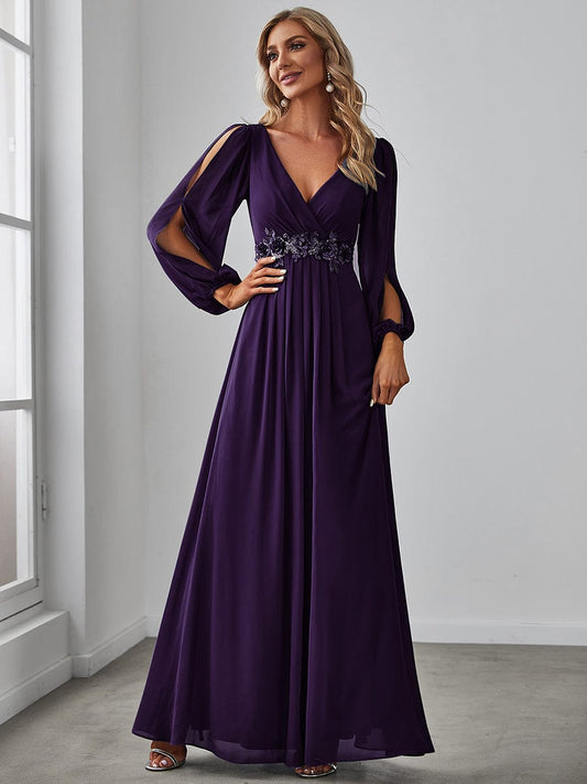 Waist Sequin Applique Chiffon Hollow Long Sleeve Evening Dress #color_Dark Purple