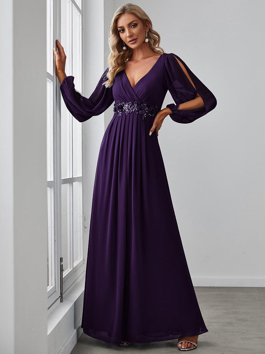 Waist Sequin Applique Chiffon Hollow Long Sleeve Evening Dress #color_Dark Purple