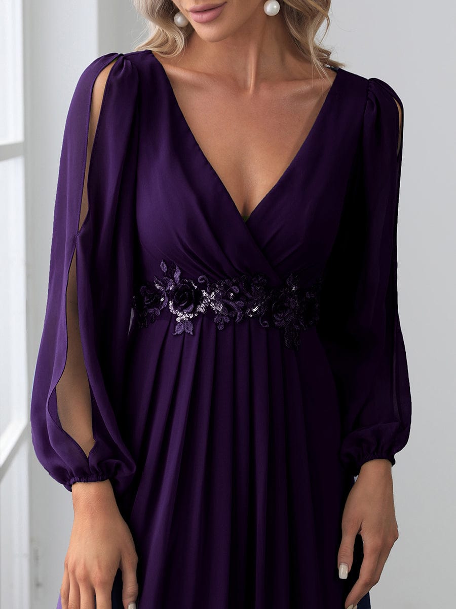 Waist Sequin Applique Chiffon Hollow Long Sleeve Evening Dress #color_Dark Purple