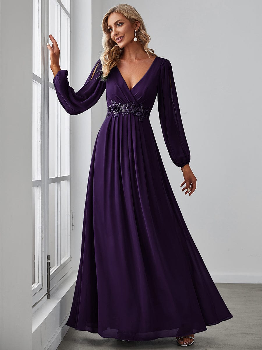 Waist Sequin Applique Chiffon Hollow Long Sleeve Evening Dress #color_Dark Purple