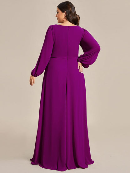 Stylish Plus Size Chiffon Formal Evening Dresses with Long Lantern Sleeves #color_Fuchsia