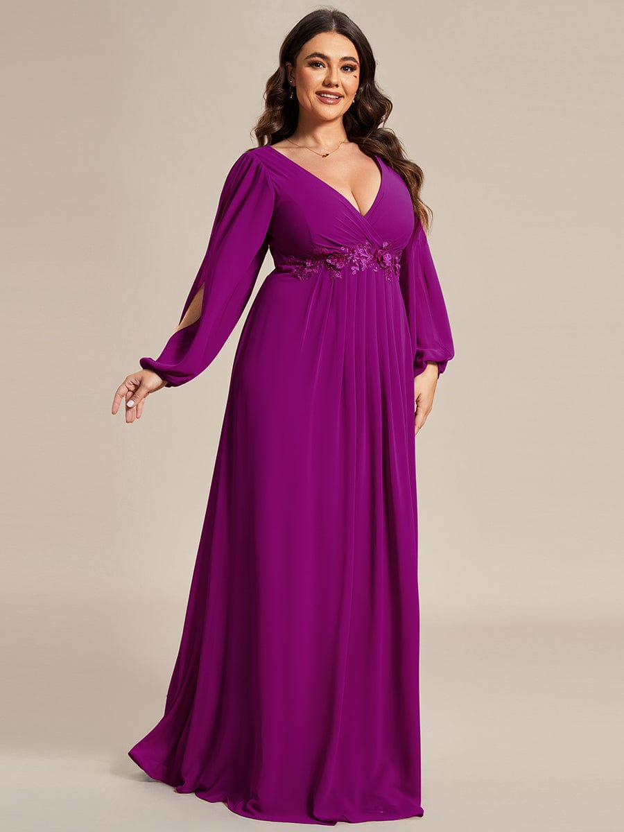 Stylish Plus Size Chiffon Formal Evening Dresses with Long Lantern Sleeves #color_Fuchsia