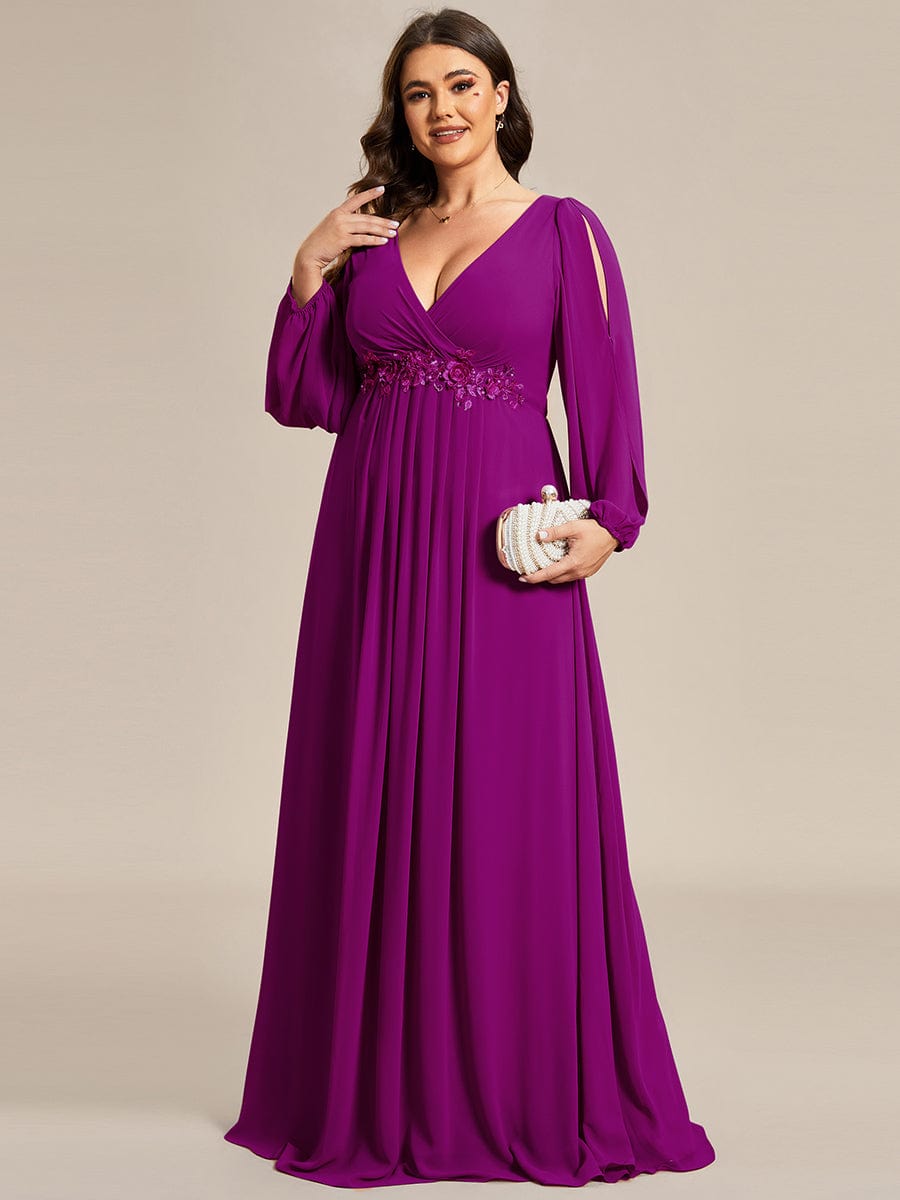 Stylish Plus Size Chiffon Formal Evening Dresses with Long Lantern Sleeves #color_Fuchsia