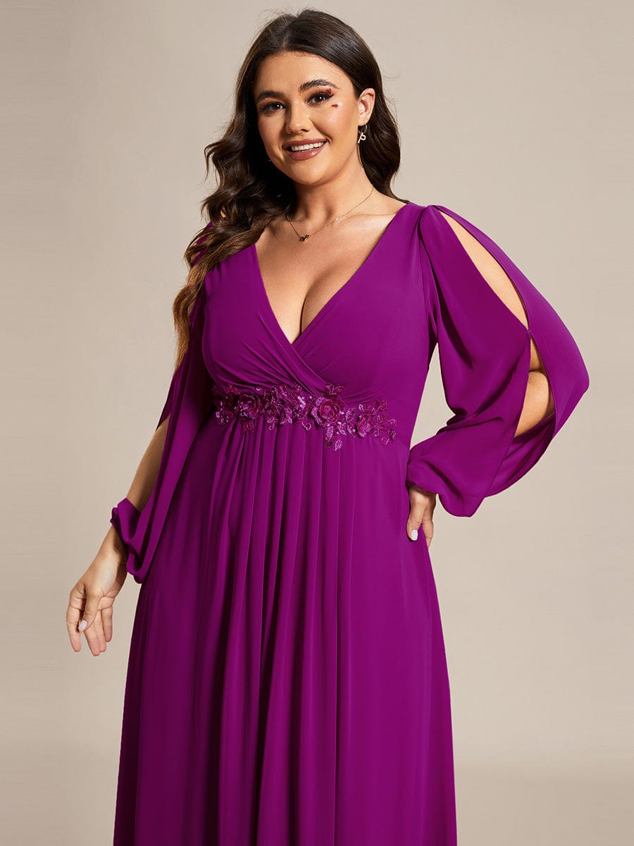 Waist Sequin Applique Chiffon Hollow Long Sleeve Evening Dress #color_Fuchsia