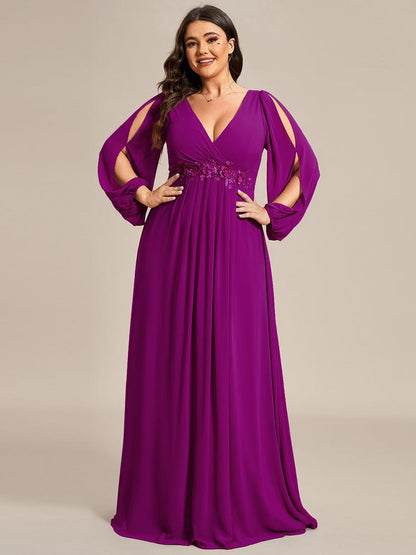 Waist Sequin Applique Chiffon Hollow Long Sleeve Evening Dress #color_Fuchsia