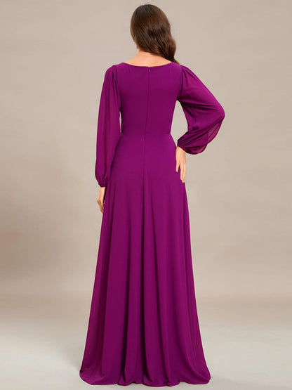 Waist Sequin Applique Chiffon Hollow Long Sleeve Evening Dress #color_Fuchsia