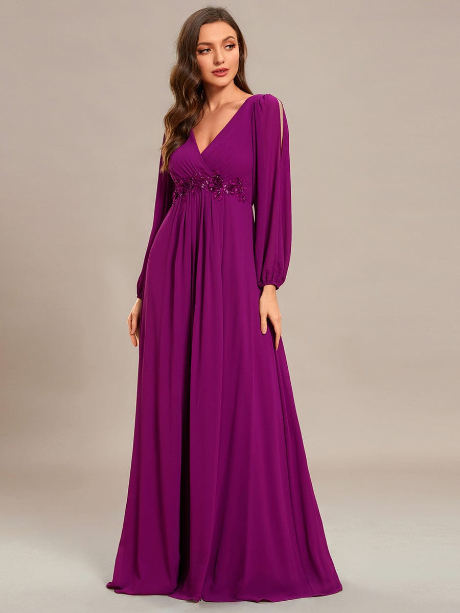 Waist Sequin Applique Chiffon Hollow Long Sleeve Evening Dress #color_Fuchsia