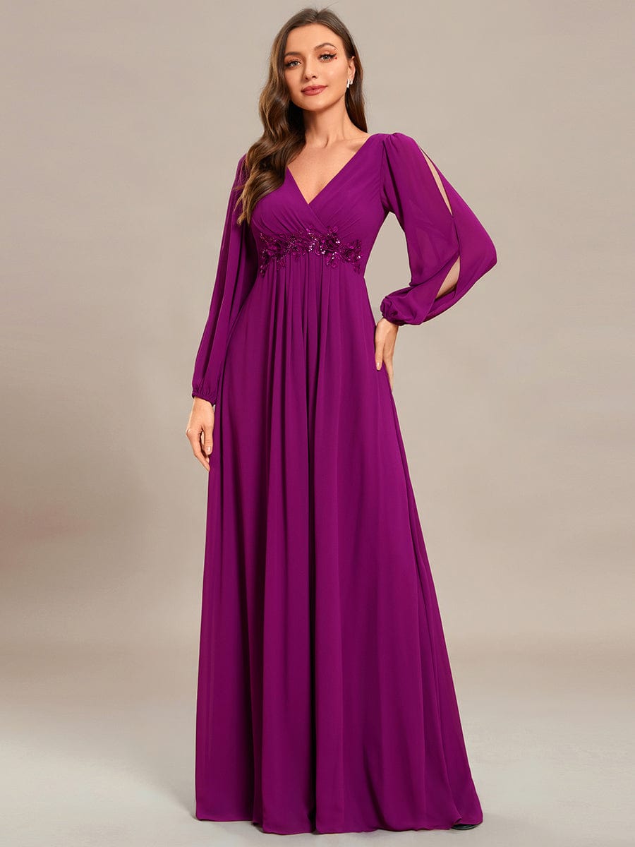 Waist Sequin Applique Chiffon Hollow Long Sleeve Evening Dress #color_Fuchsia