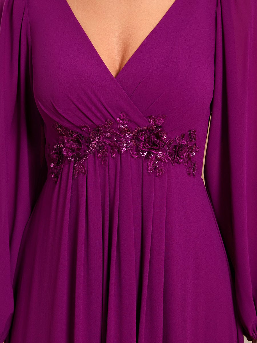 Waist Sequin Applique Chiffon Hollow Long Sleeve Evening Dress #color_Fuchsia