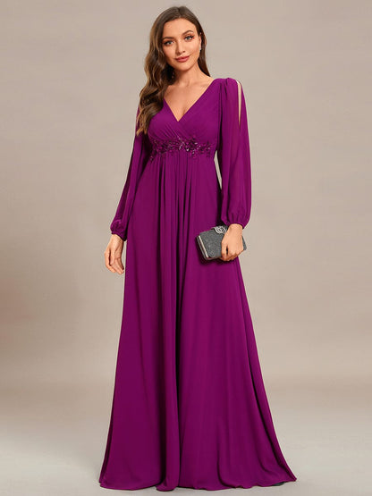 Waist Sequin Applique Chiffon Hollow Long Sleeve Evening Dress #color_Fuchsia