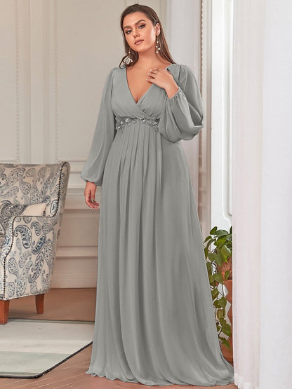 Stylish Plus Size Chiffon Formal Evening Dresses with Long Lantern Sleeves #color_Grey