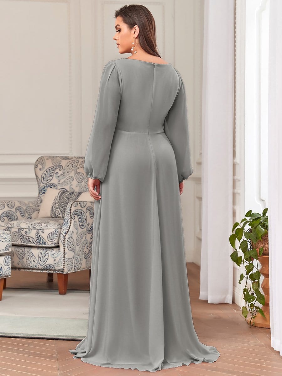 Stylish Plus Size Chiffon Formal Evening Dresses with Long Lantern Sleeves #color_Grey