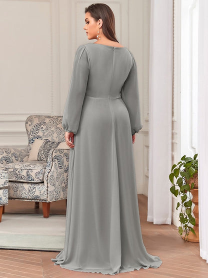 Stylish Plus Size Chiffon Formal Evening Dresses with Long Lantern Sleeves #color_Grey