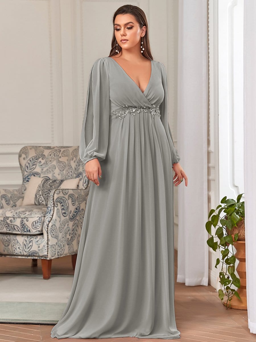 Stylish Plus Size Chiffon Formal Evening Dresses with Long Lantern Sleeves #color_Grey