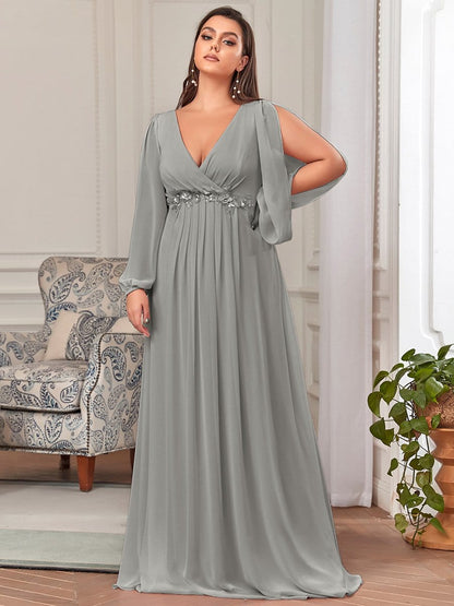 Stylish Plus Size Chiffon Formal Evening Dresses with Long Lantern Sleeves #color_Grey