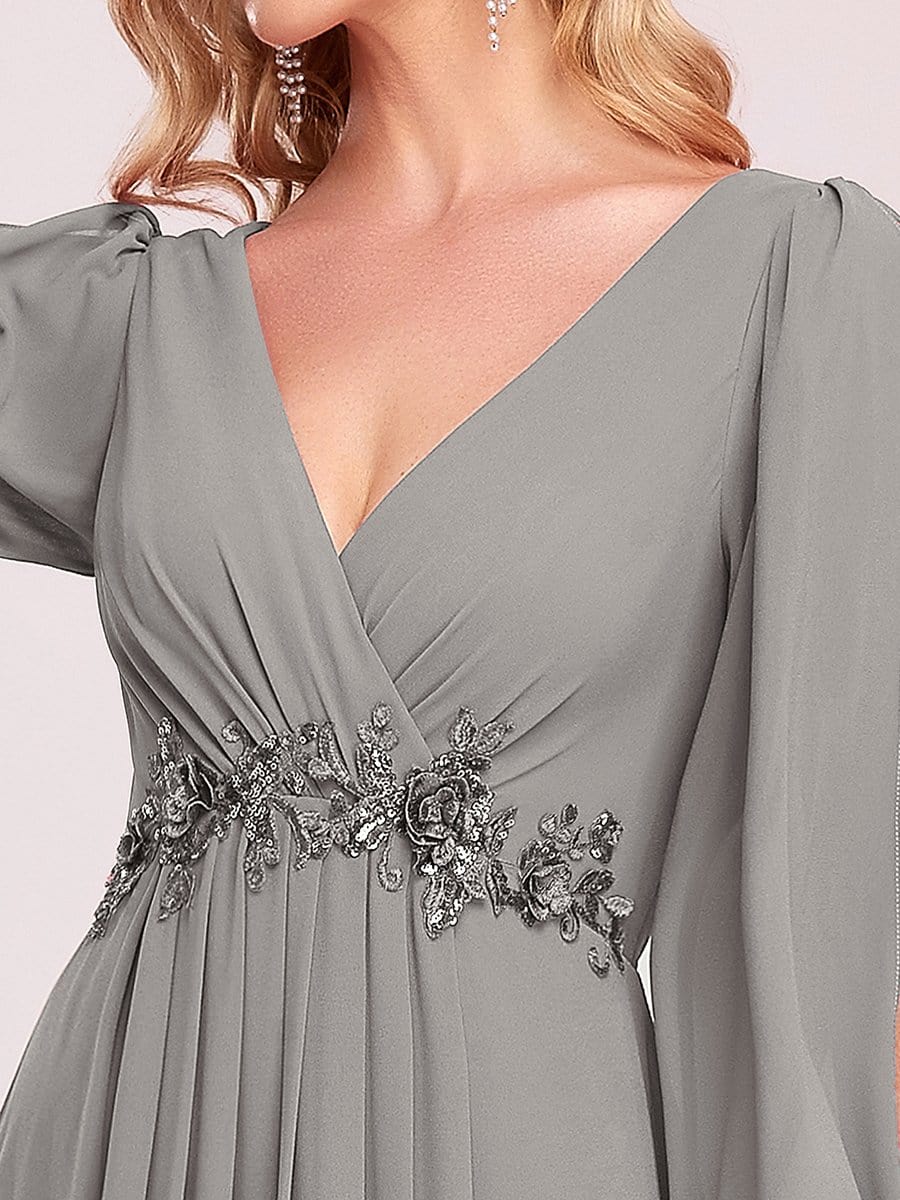 Elegant Chiffon V-Neckline Long Sleeve Formal Evening Dress #color_Grey