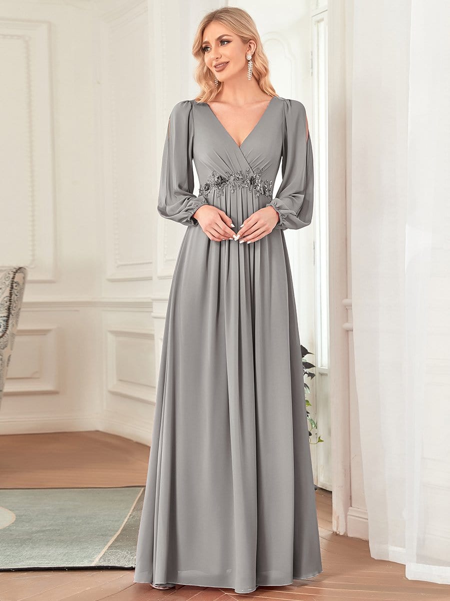 Elegant Chiffon V-Neckline Long Sleeve Formal Evening Dress #color_Grey