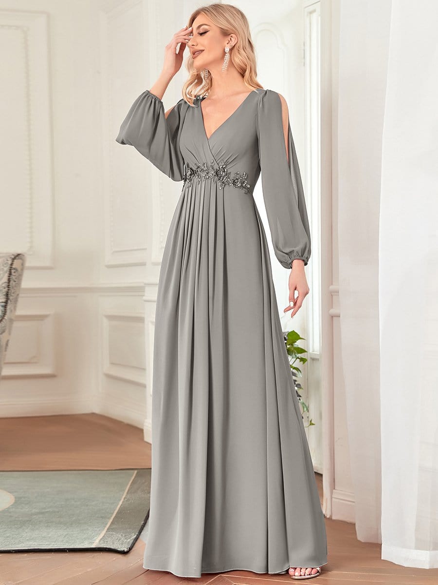 Elegant Chiffon V-Neckline Long Sleeve Formal Evening Dress #color_Grey