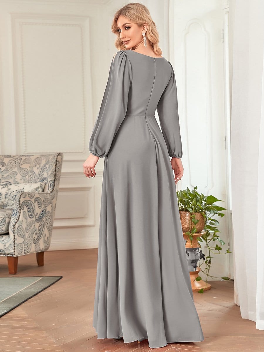 Elegant Chiffon V-Neckline Long Sleeve Formal Evening Dress #color_Grey