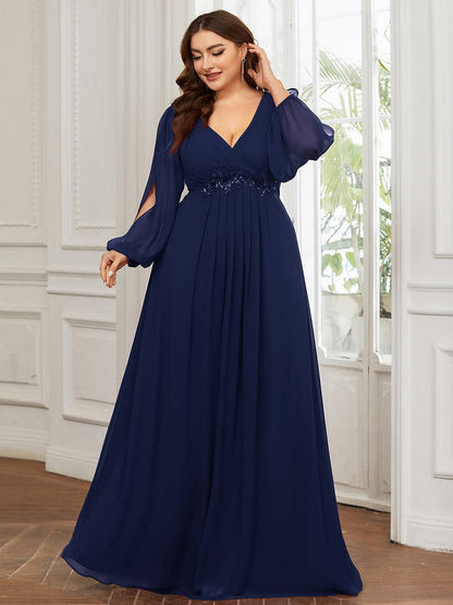 Stylish Plus Size Chiffon Formal Evening Dresses with Long Lantern Sleeves #color_Navy Blue