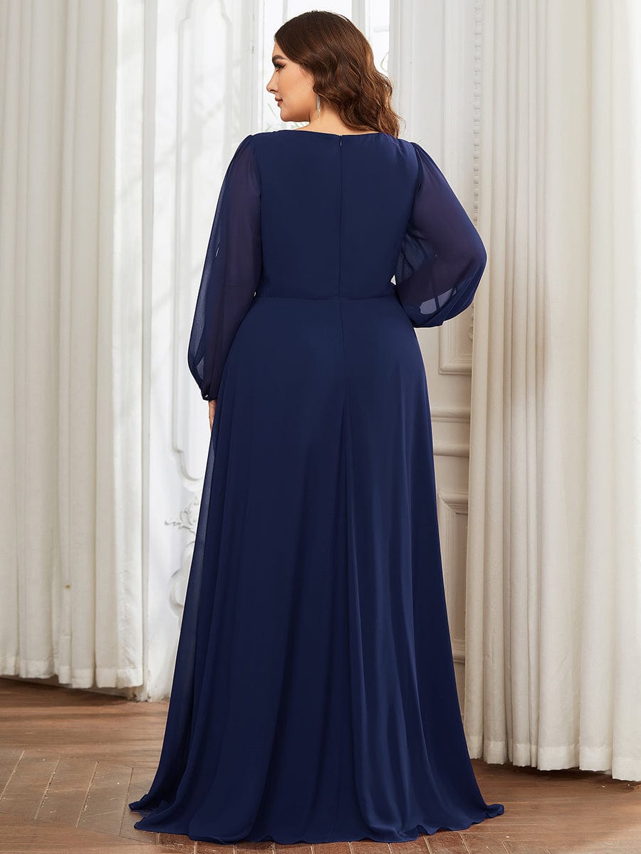 Elegant Chiffon V-Neckline Long Sleeve Formal Evening Dress #color_Navy Blue