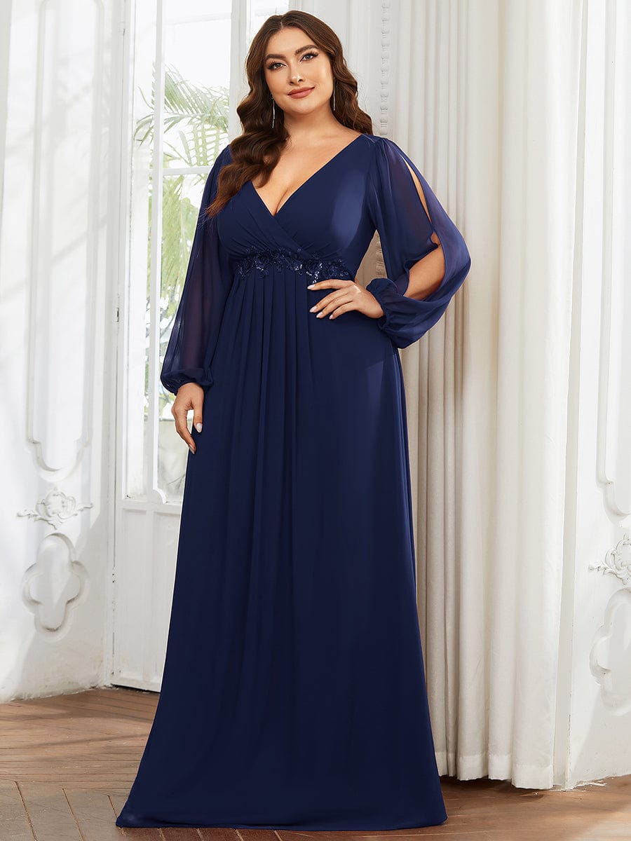 Stylish Plus Size Chiffon Formal Evening Dresses with Long Lantern Sleeves #color_Navy Blue