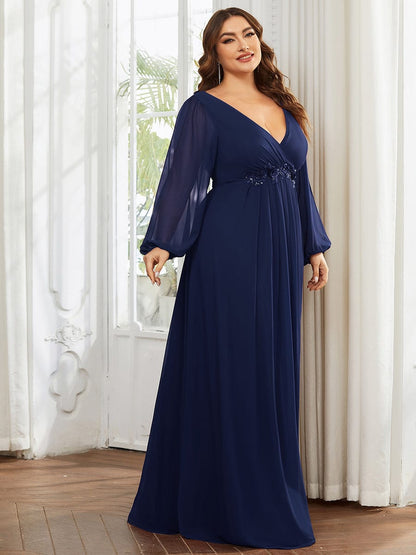 Stylish Plus Size Chiffon Formal Evening Dresses with Long Lantern Sleeves #color_Navy Blue