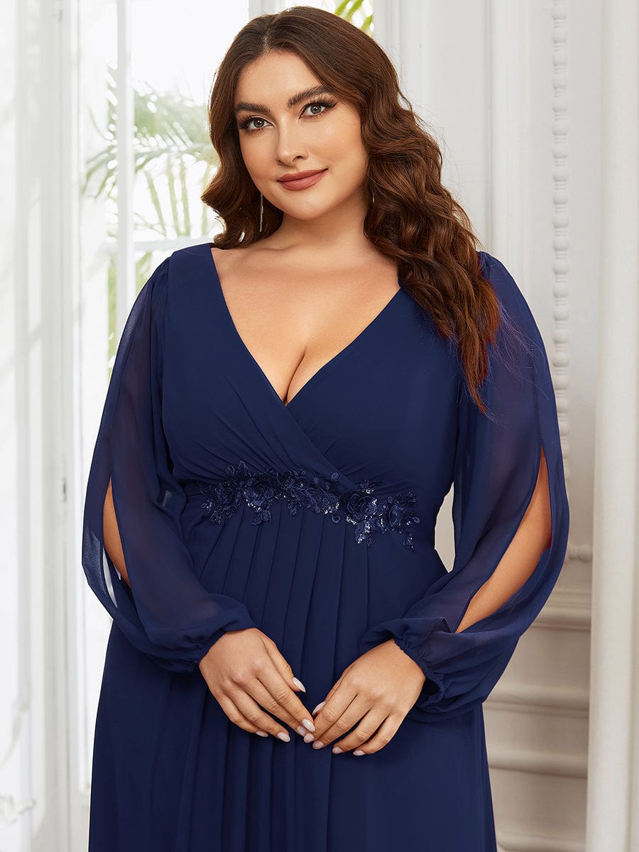 Stylish Plus Size Chiffon Formal Evening Dresses with Long Lantern Sleeves #color_Navy Blue