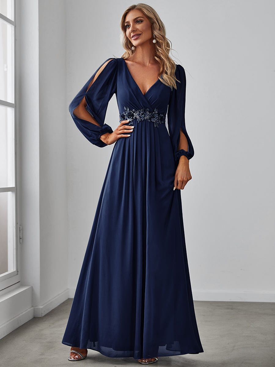 Elegant Chiffon V-Neckline Long Sleeve Formal Evening Dress #color_Navy Blue