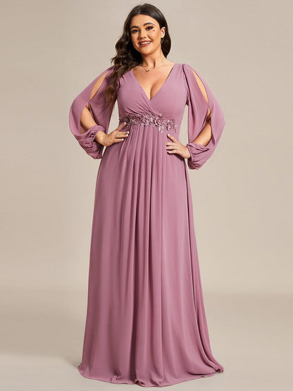 Stylish Plus Size Chiffon Formal Evening Dresses with Long Lantern Sleeves #color_Purple Orchid