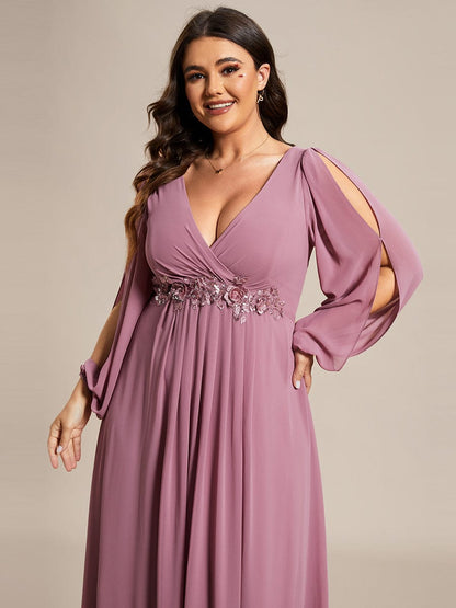 Stylish Plus Size Chiffon Formal Evening Dresses with Long Lantern Sleeves #color_Purple Orchid