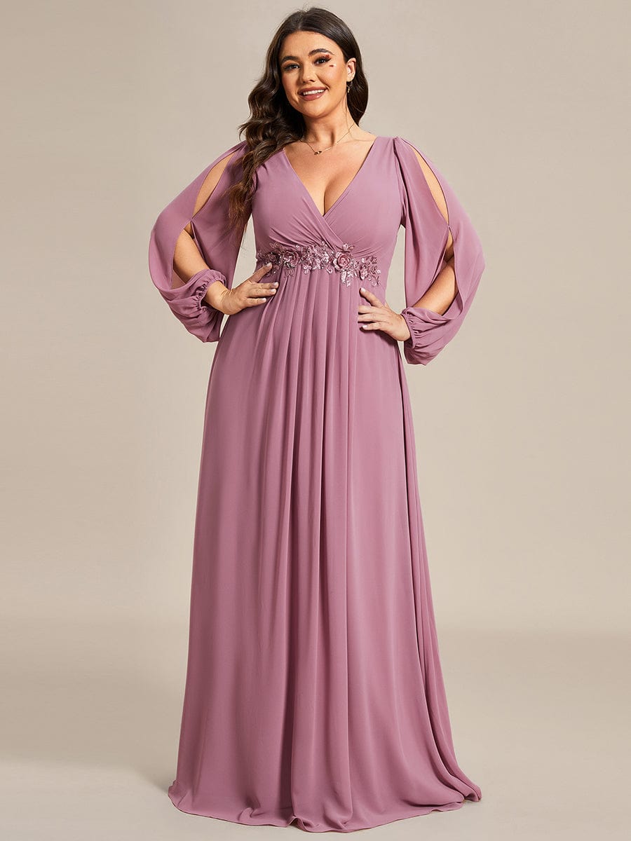 Waist Sequin Applique Chiffon Hollow Long Sleeve Evening Dress #color_Purple Orchid