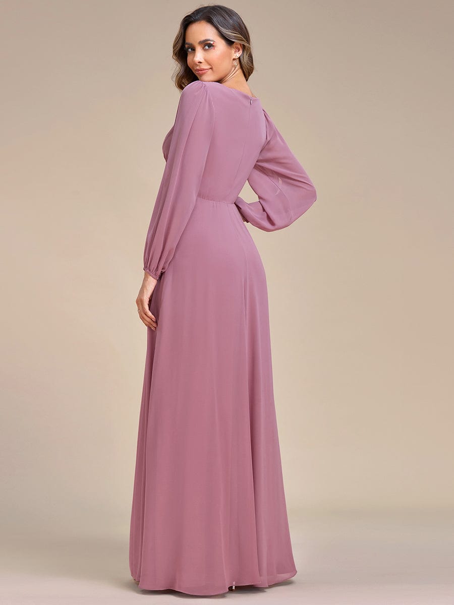 Waist Sequin Applique Chiffon Hollow Long Sleeve Evening Dress #color_Purple Orchid