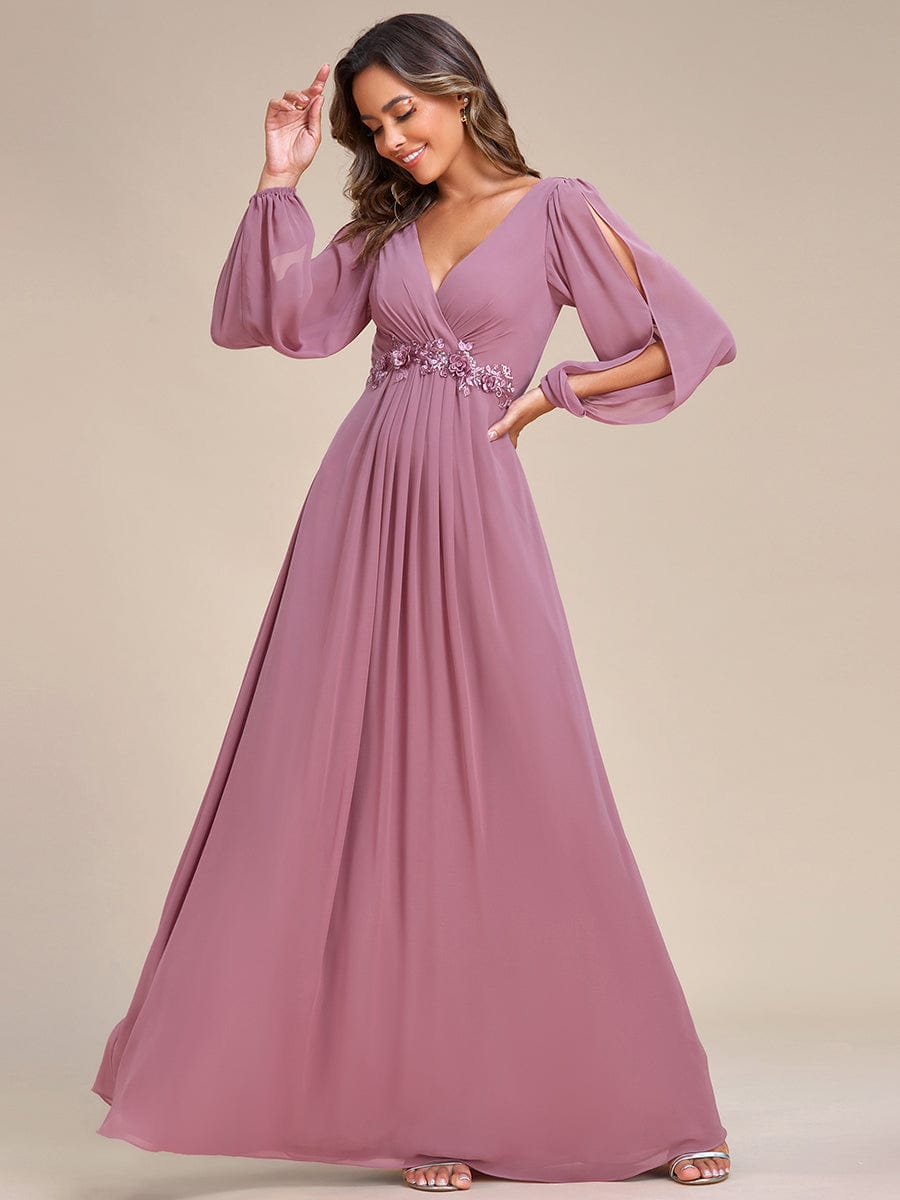 Waist Sequin Applique Chiffon Hollow Long Sleeve Evening Dress #color_Purple Orchid